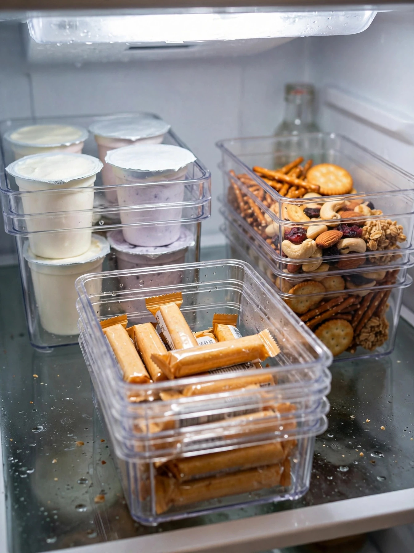 Clear stackable fridge bins holding yogurt cups and grouped snacks on a glass shelf
