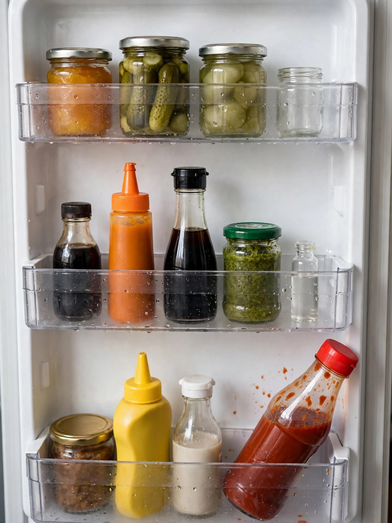 Refrigerator door bins neatly lined with condiment bottles and jars