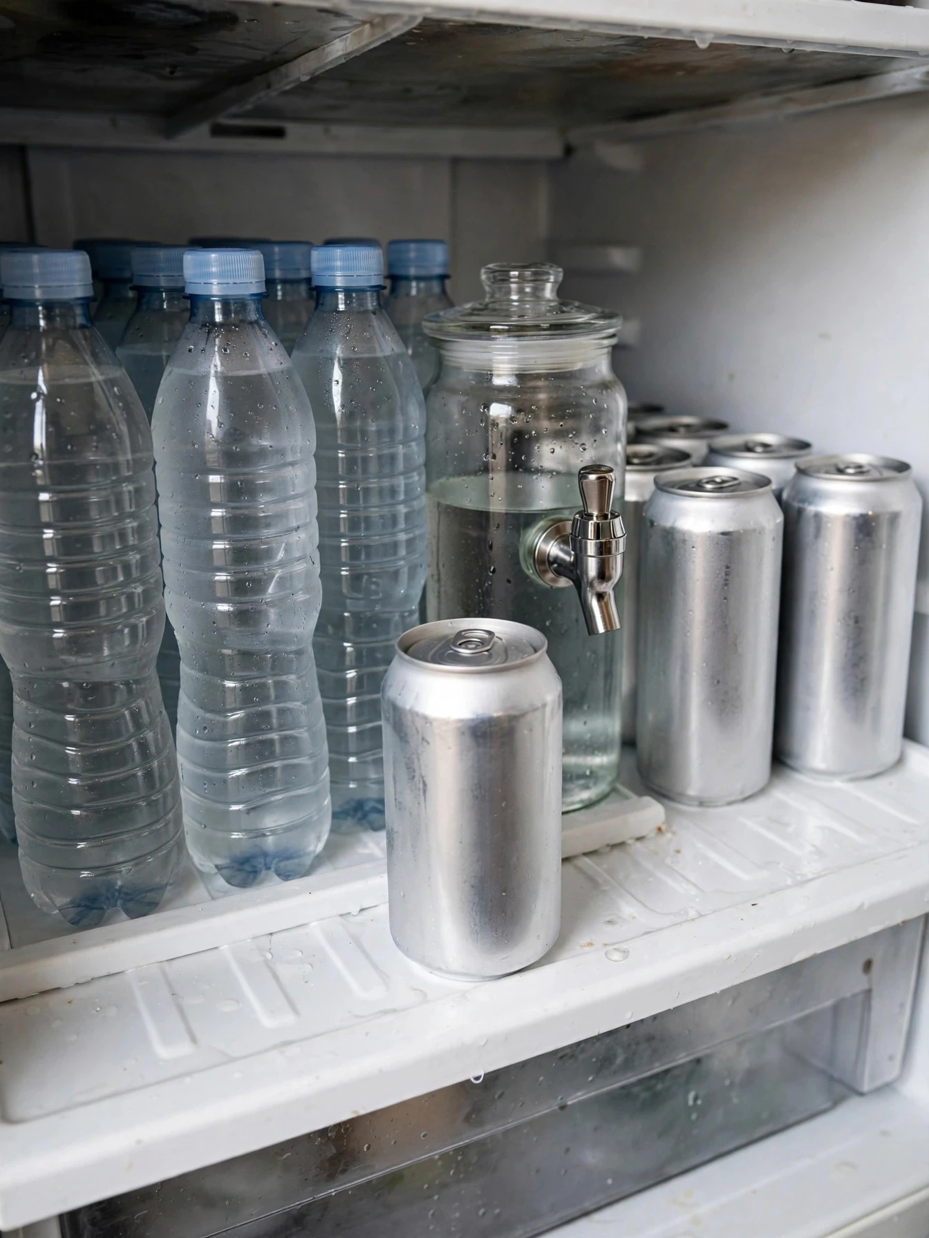 Neat beverage station inside a fridge with water bottles and cans in rows