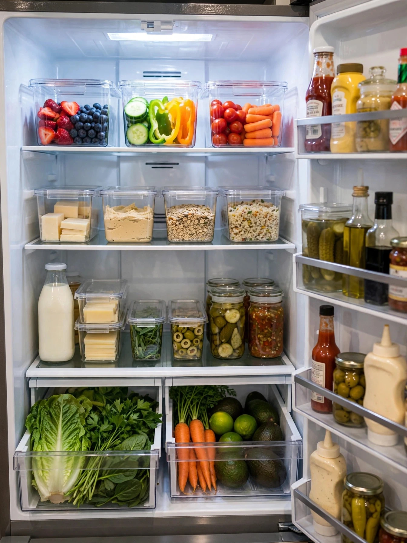 Beautifully organized refrigerator with clear bins, labeled containers and fresh produce
