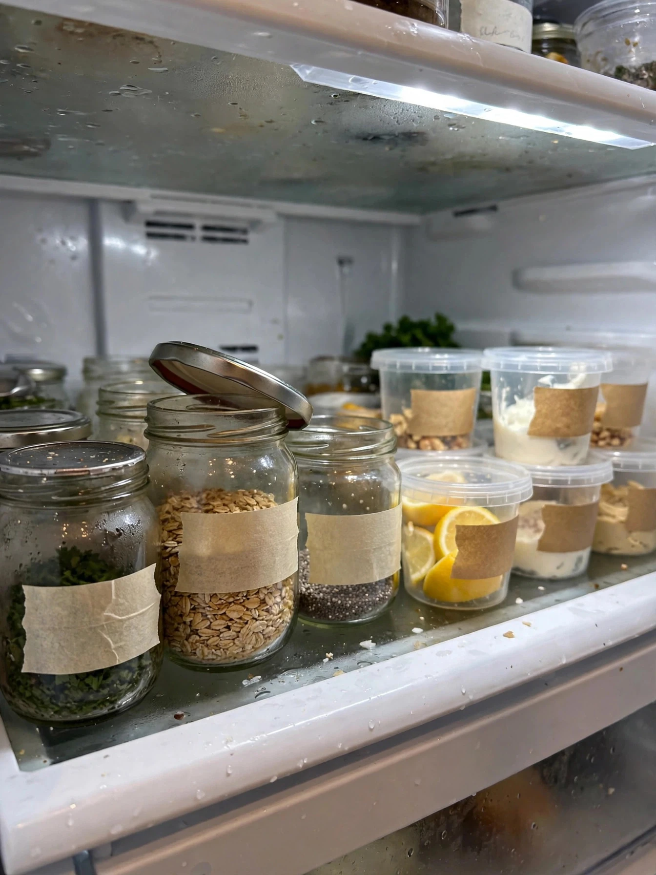 Glass jars with simple kraft paper labels neatly lined on a refrigerator shelf