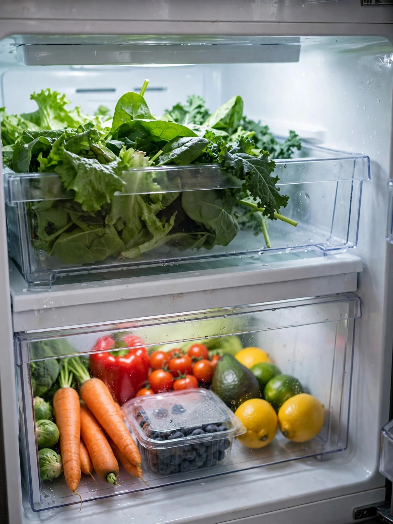 Refrigerator crisper drawers filled with neatly arranged fresh vegetables
