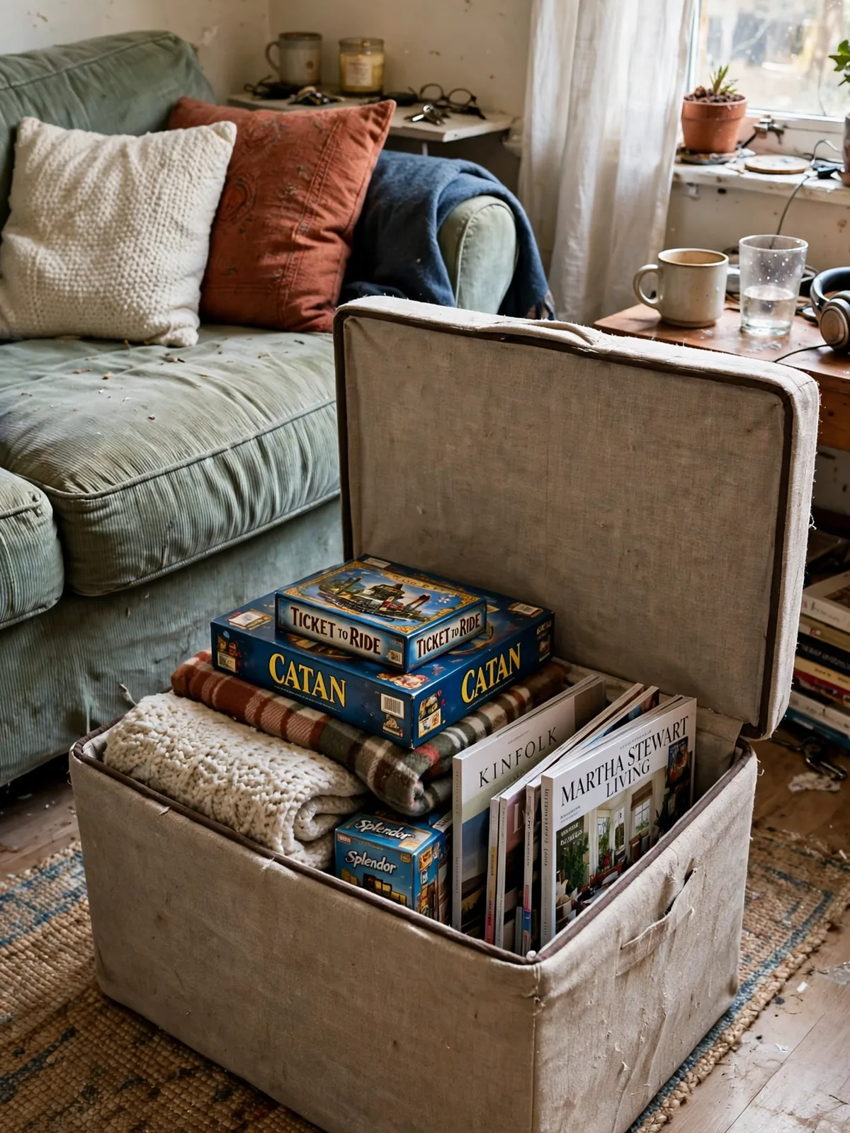 Fabric storage ottoman in a small living room with its hinged lid open showing folded blankets board games and magazines stored inside next to a sofa