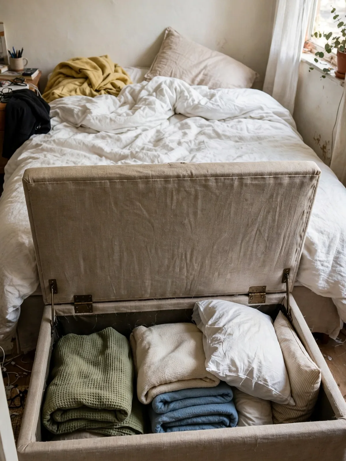 Upholstered storage bench at the foot of a made bed in a small bedroom with its lid lifted open revealing folded blankets and spare pillows inside