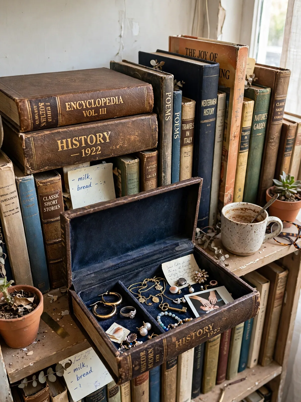 Bookshelf in a cozy small home with vintage style fake book storage boxes among real books one box open showing jewelry and keepsakes hidden inside