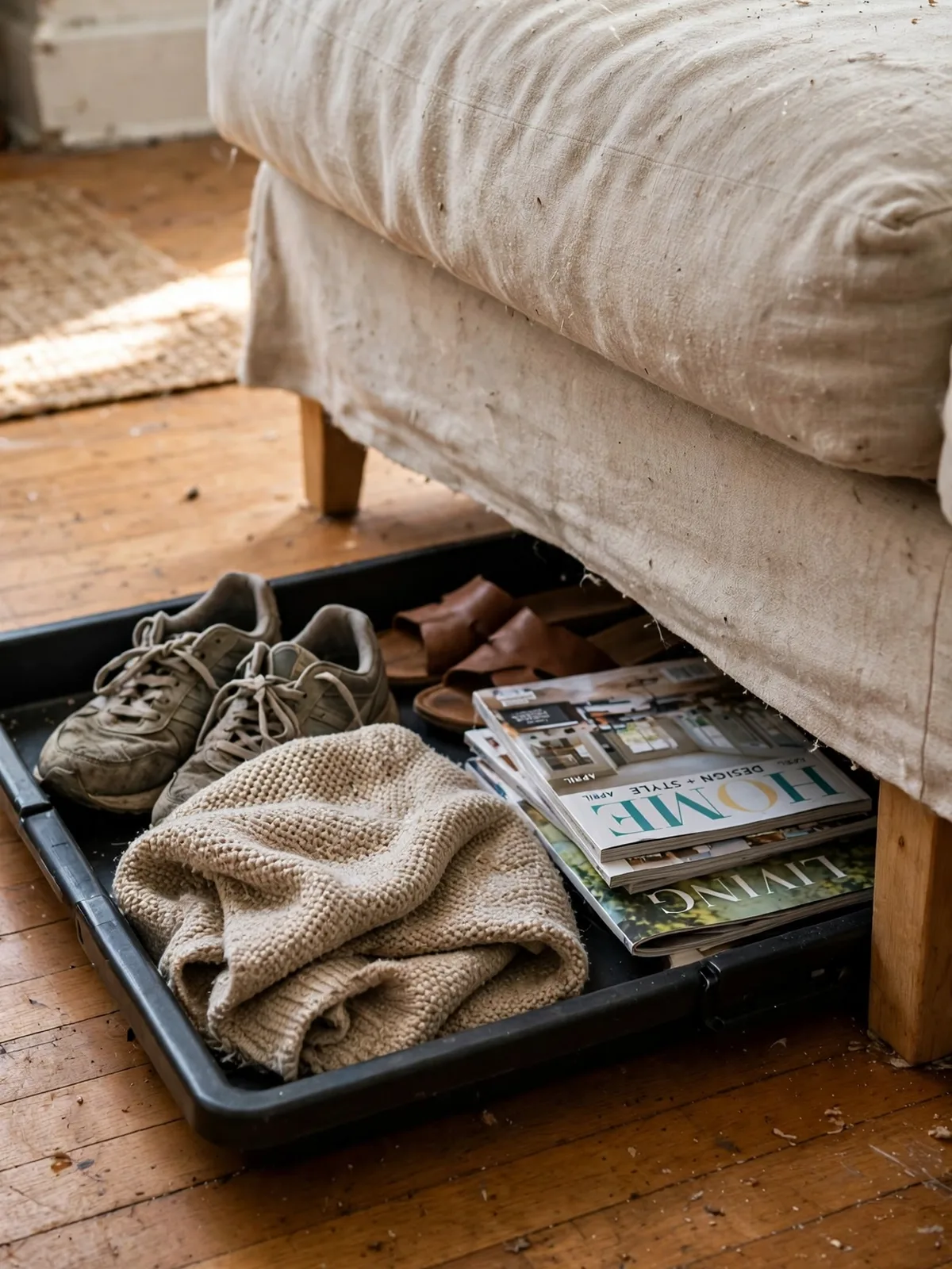 Low flat storage trays half slid out from under a fabric sofa in a small living room holding shoes magazines and a folded throw blanket
