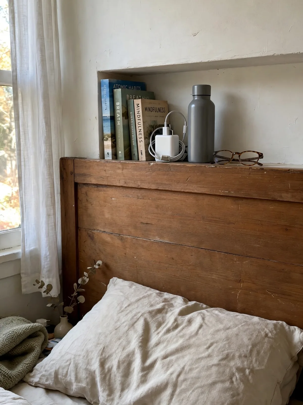 Wooden headboard with a hidden shelf ledge behind it in a small bedroom holding books a phone charger a water bottle and reading glasses neatly