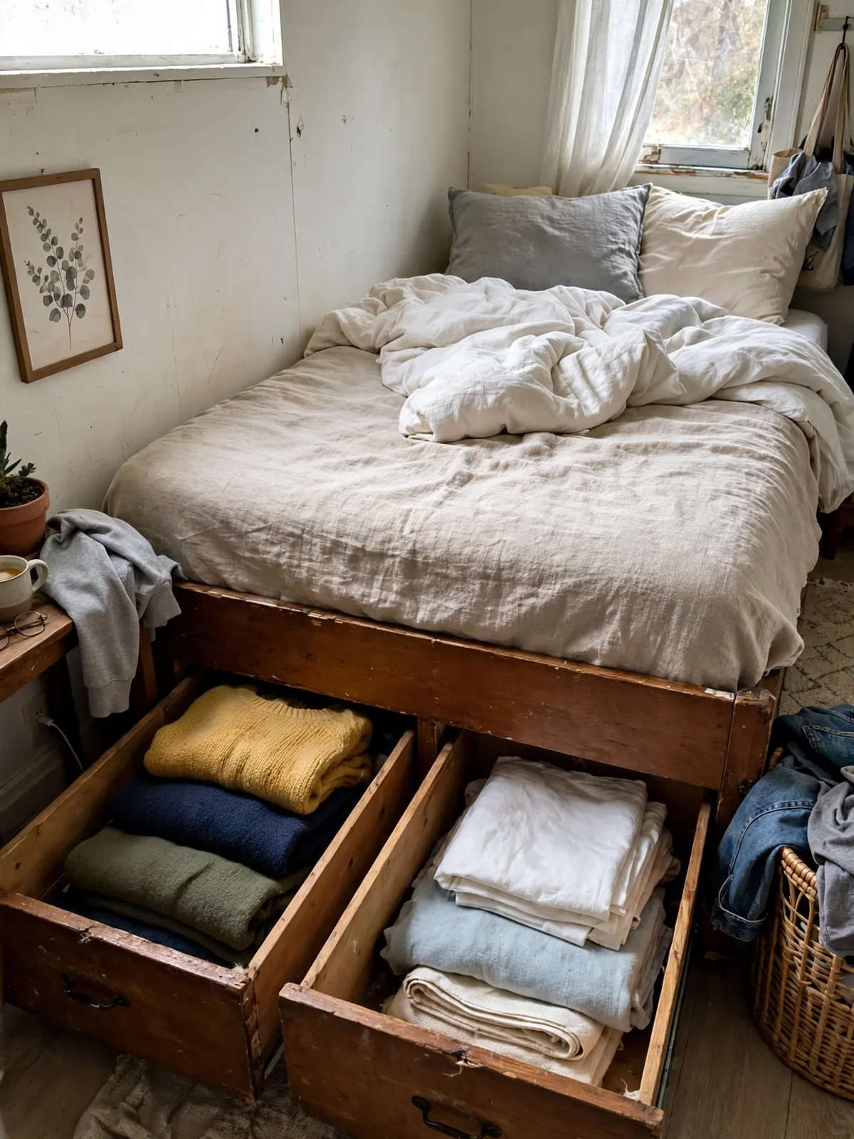 Bed with built in base drawers pulled open showing folded sweaters and linens inside drawers that read as part of the wooden bed frame