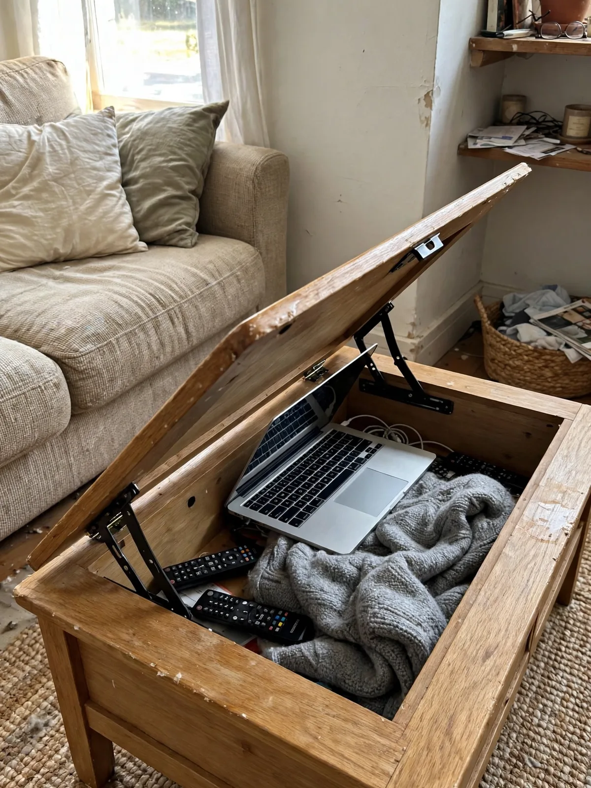 Lift top coffee table in a small living room with its top raised and hollow storage compartment open showing remotes a laptop and folded blanket