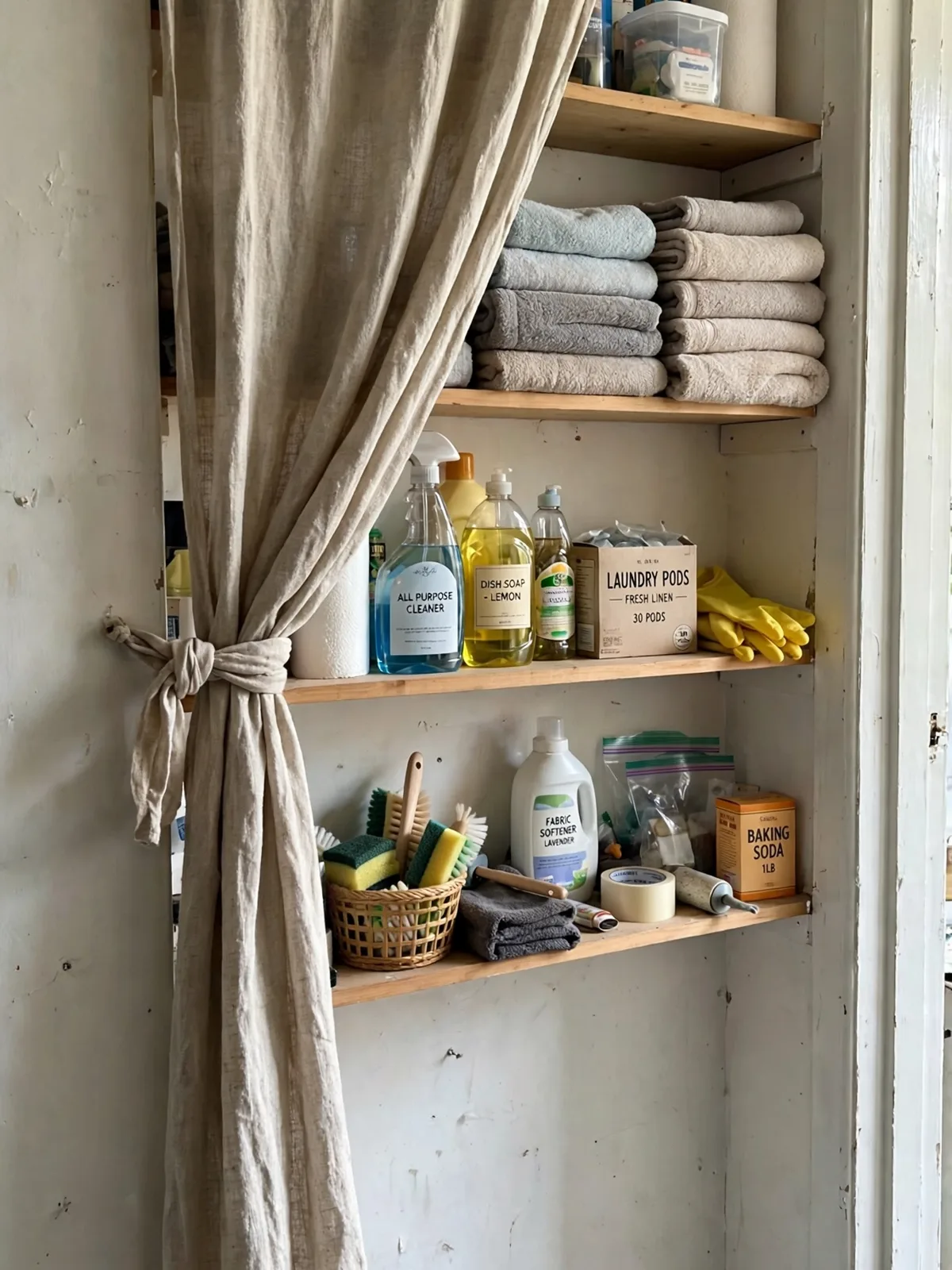 Shallow shelves mounted on a hallway wall hidden behind a simple linen curtain holding cleaning supplies towels and everyday household overflow items neatly arranged