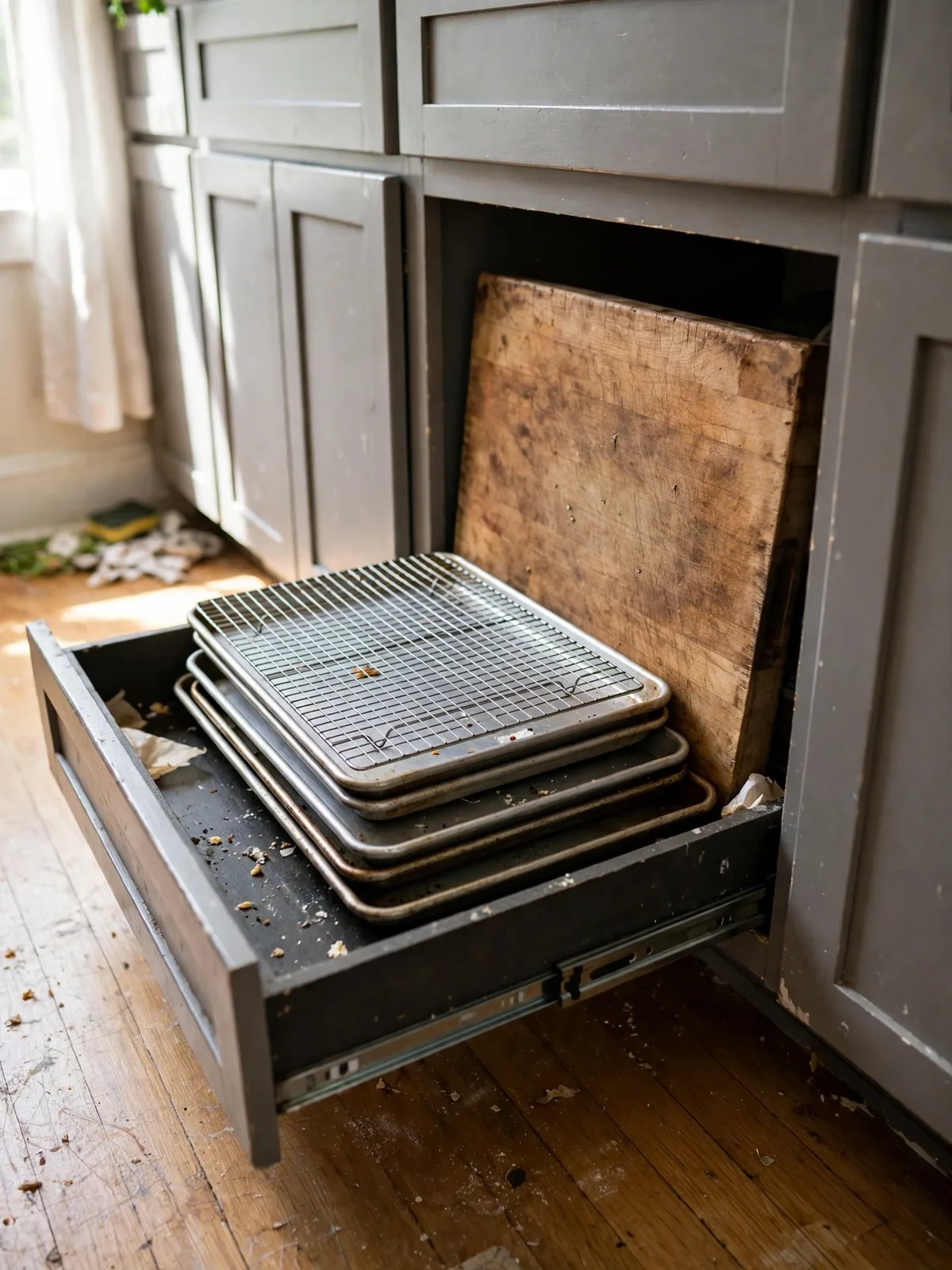 Kitchen toe kick drawer pulled open beneath lower cabinets showing flat baking sheets cooling racks and a large cutting board stored in the recess