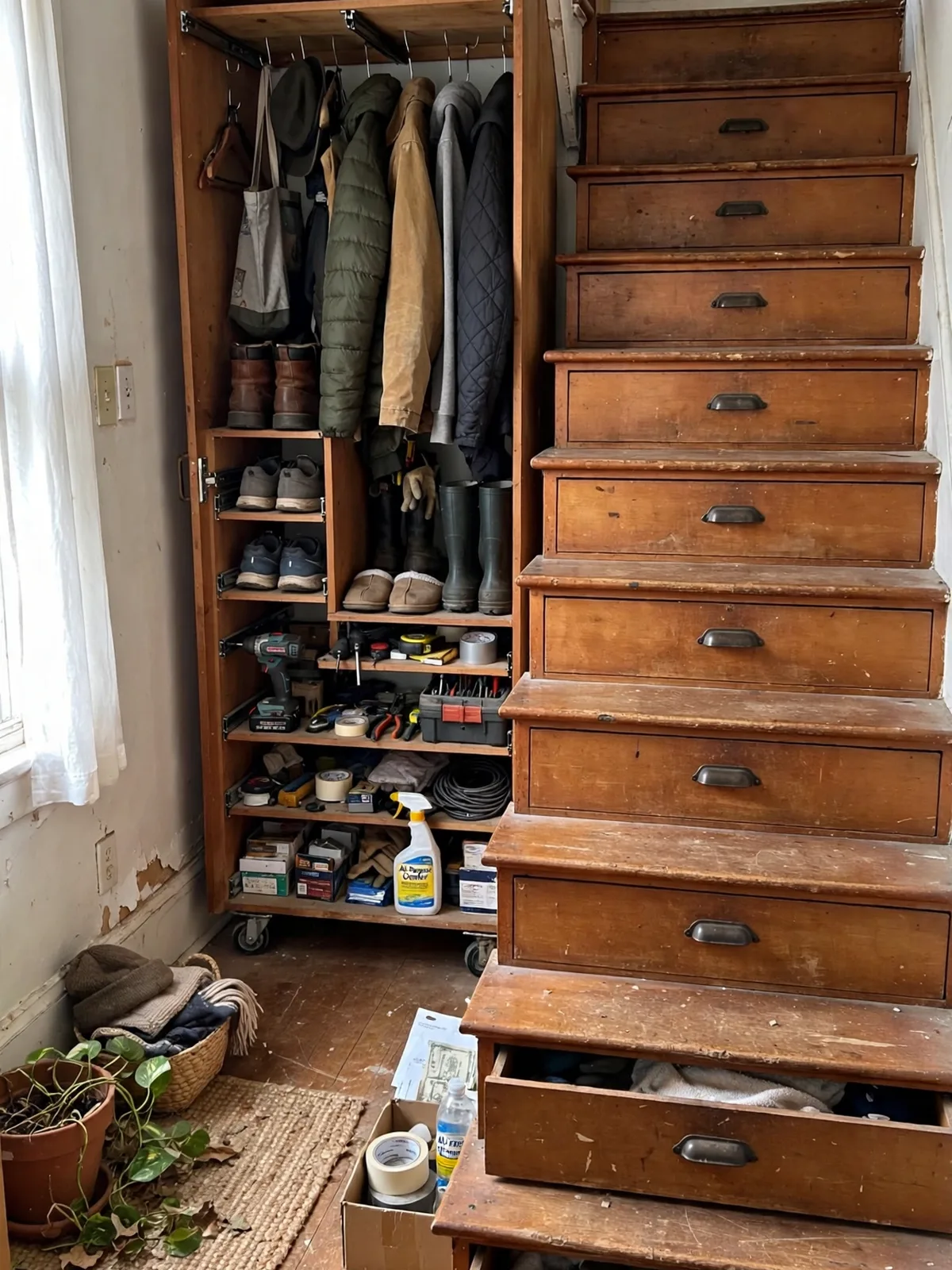 Staircase with deep drawers built into the steps and a tall pull out unit under the stairs holding shoes coats and household tools neatly
