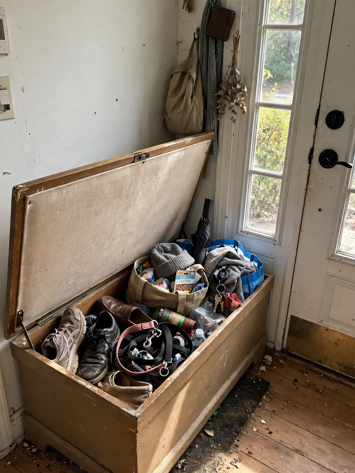 Lift up entry bench beside a front door in a small entryway with its seat raised showing shoes bags and a dog leash stored inside