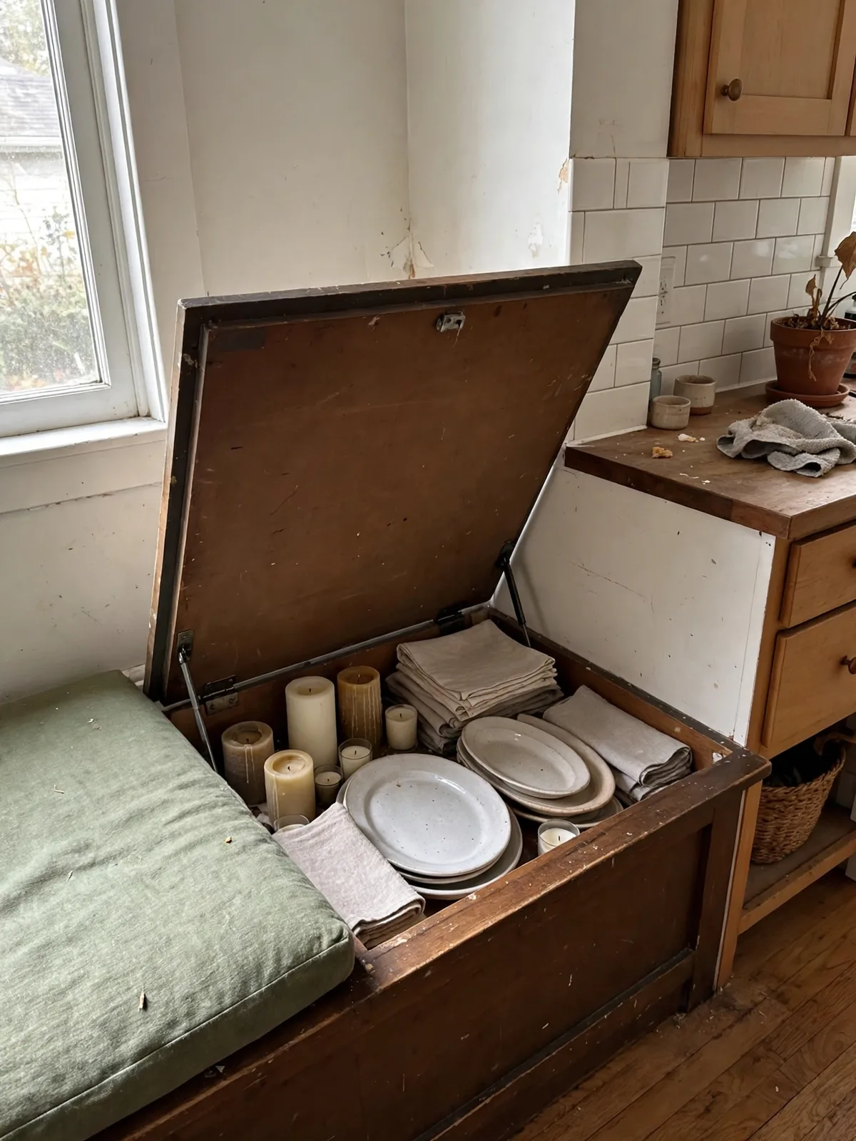 Dining banquette in a small kitchen corner with one bench seat lifted open showing table linens serving platters and candles stored inside the bench