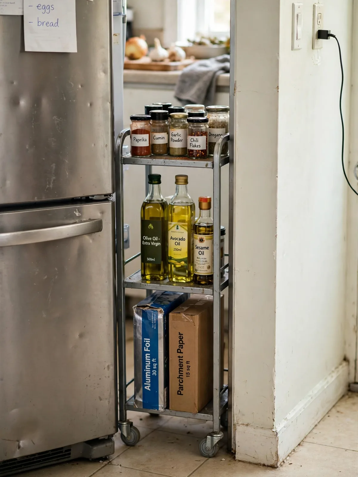Slim rolling cart pulled out from the narrow gap between a refrigerator and kitchen wall holding spice jars cooking oils and foil boxes upright
