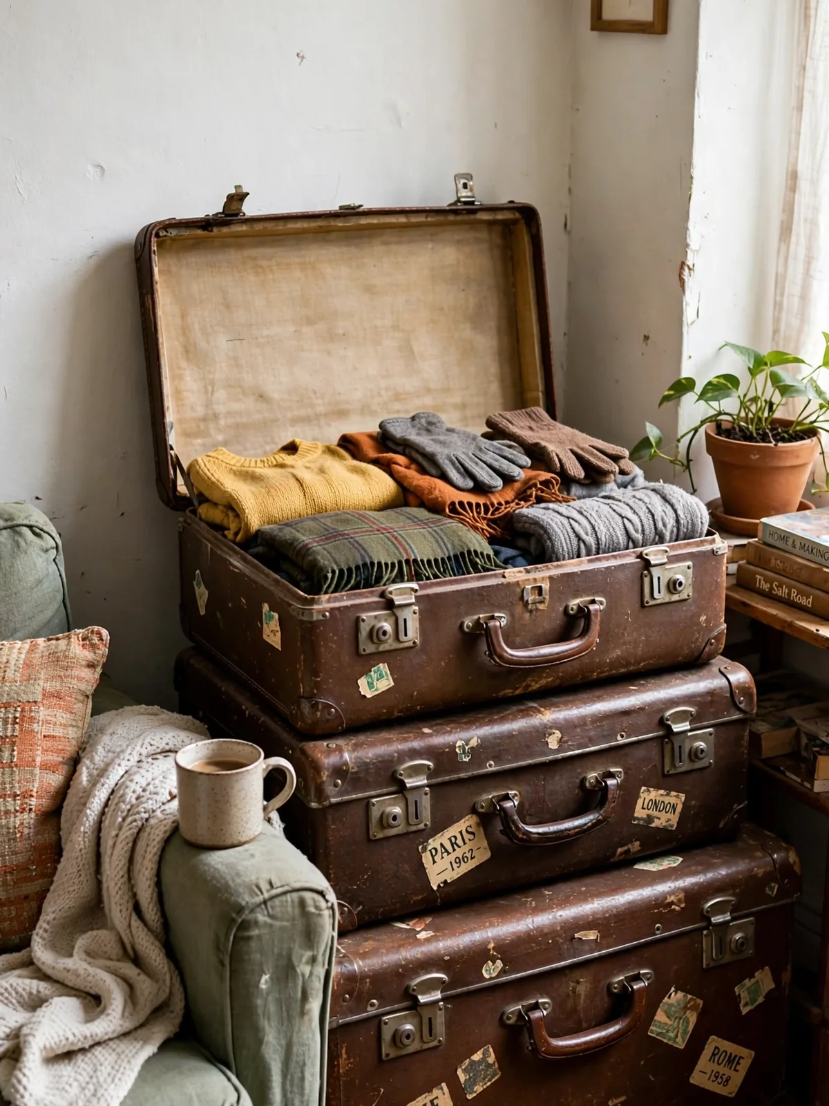 Stack of three vintage suitcases used as a side table in a small living room one open showing folded off season clothes stored inside it