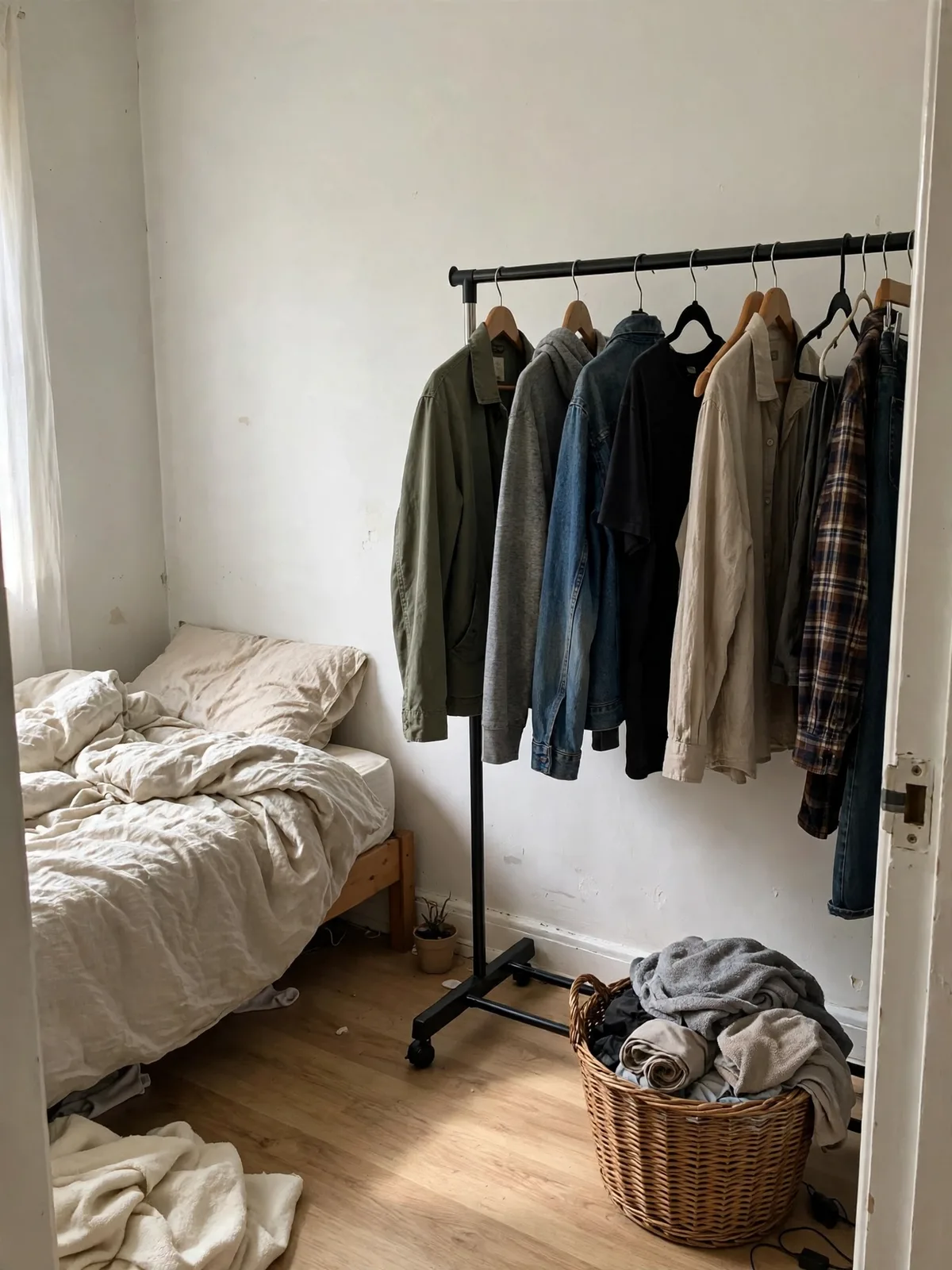 Bedroom with no closet showing a sturdy black metal garment rack holding everyday clothes, a laundry basket beside it and a bed in the corner