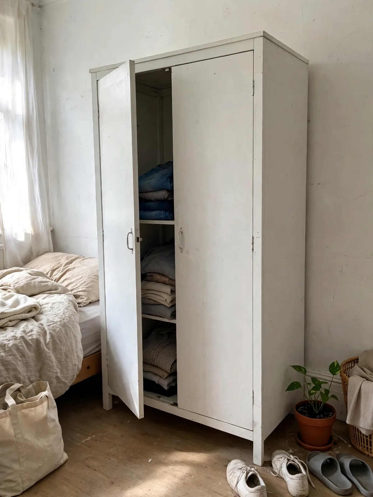Freestanding white wardrobe with doors in a rental bedroom, one door ajar showing folded and hanging clothes inside