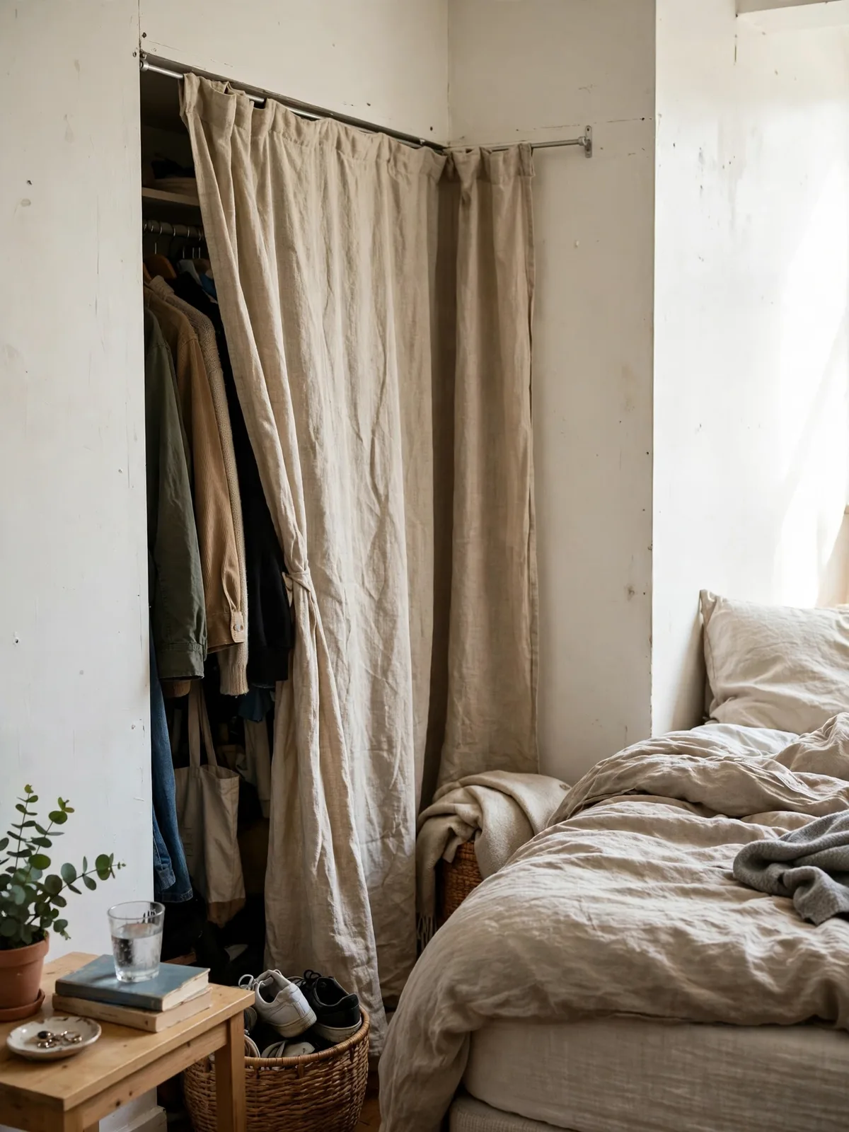 Linen curtain on a tension rod hiding a closet corner in a small bedroom, clothes just visible at the edge