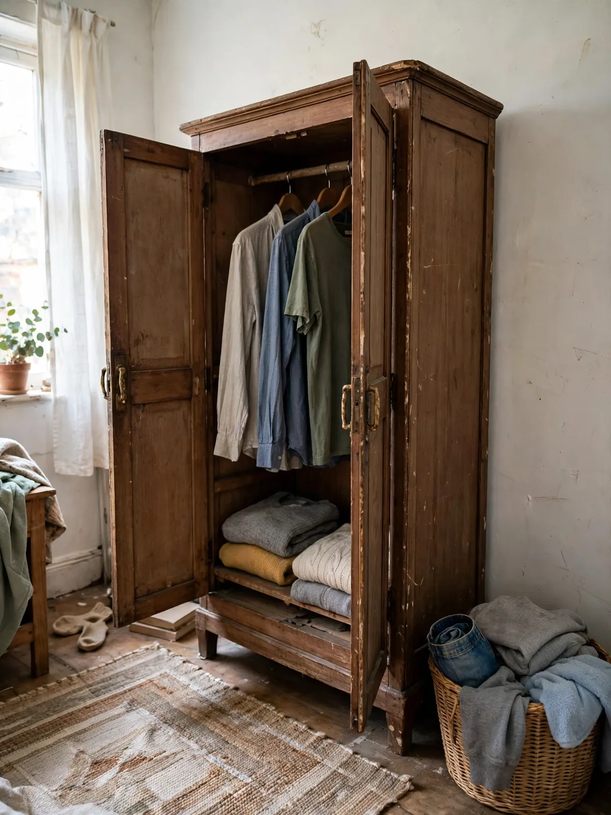 Vintage wooden armoire with doors open in a bedroom, hanging shirts and folded sweaters inside