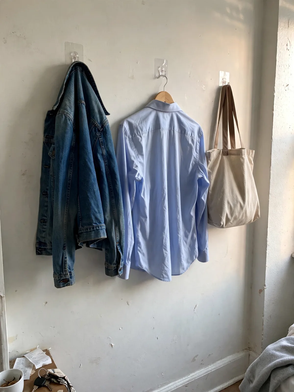 Removable adhesive hooks on a bedroom wall holding a jacket, a shirt on a hanger and a tote bag