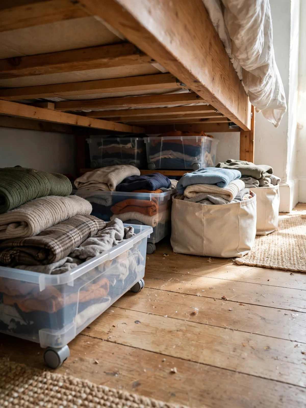 Flat rolling under-bed bins with folded seasonal clothes sliding under a bed frame in a small bedroom