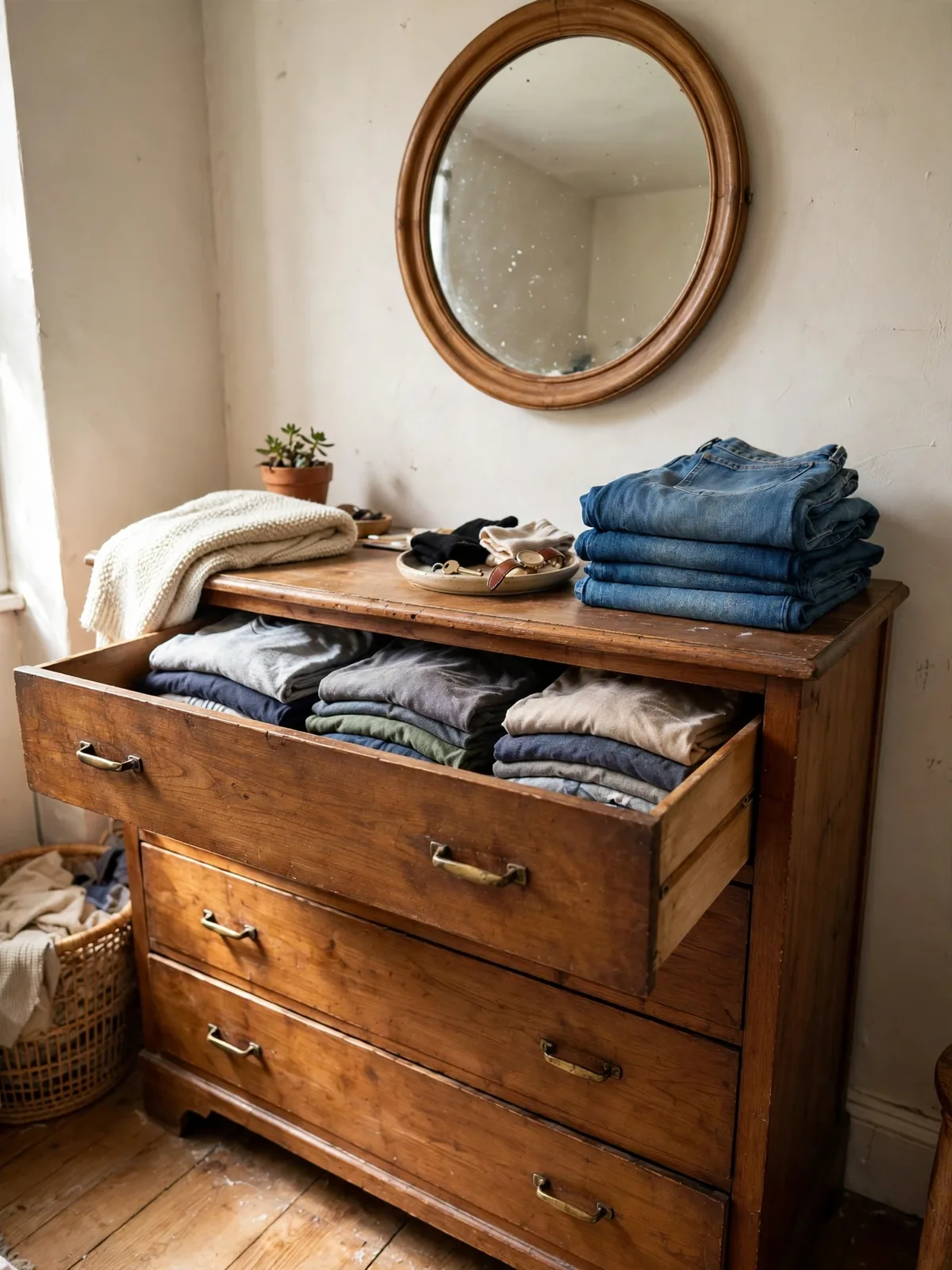 Wooden dresser used as closet storage with an open drawer of folded t-shirts and jeans stacked neatly on top