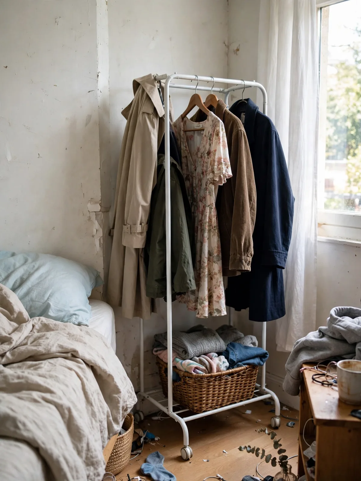 Small white rolling garment rack with wheels in a bedroom corner holding coats and dresses