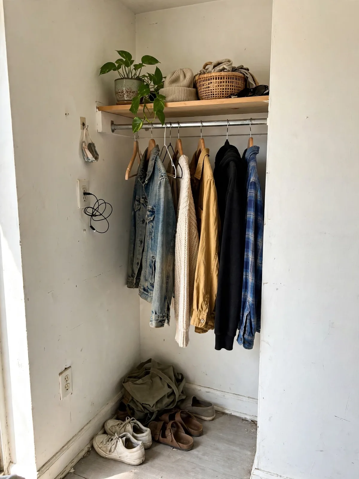 Corner of a bedroom with a tension rod between two walls holding hanging clothes, shoes stored below