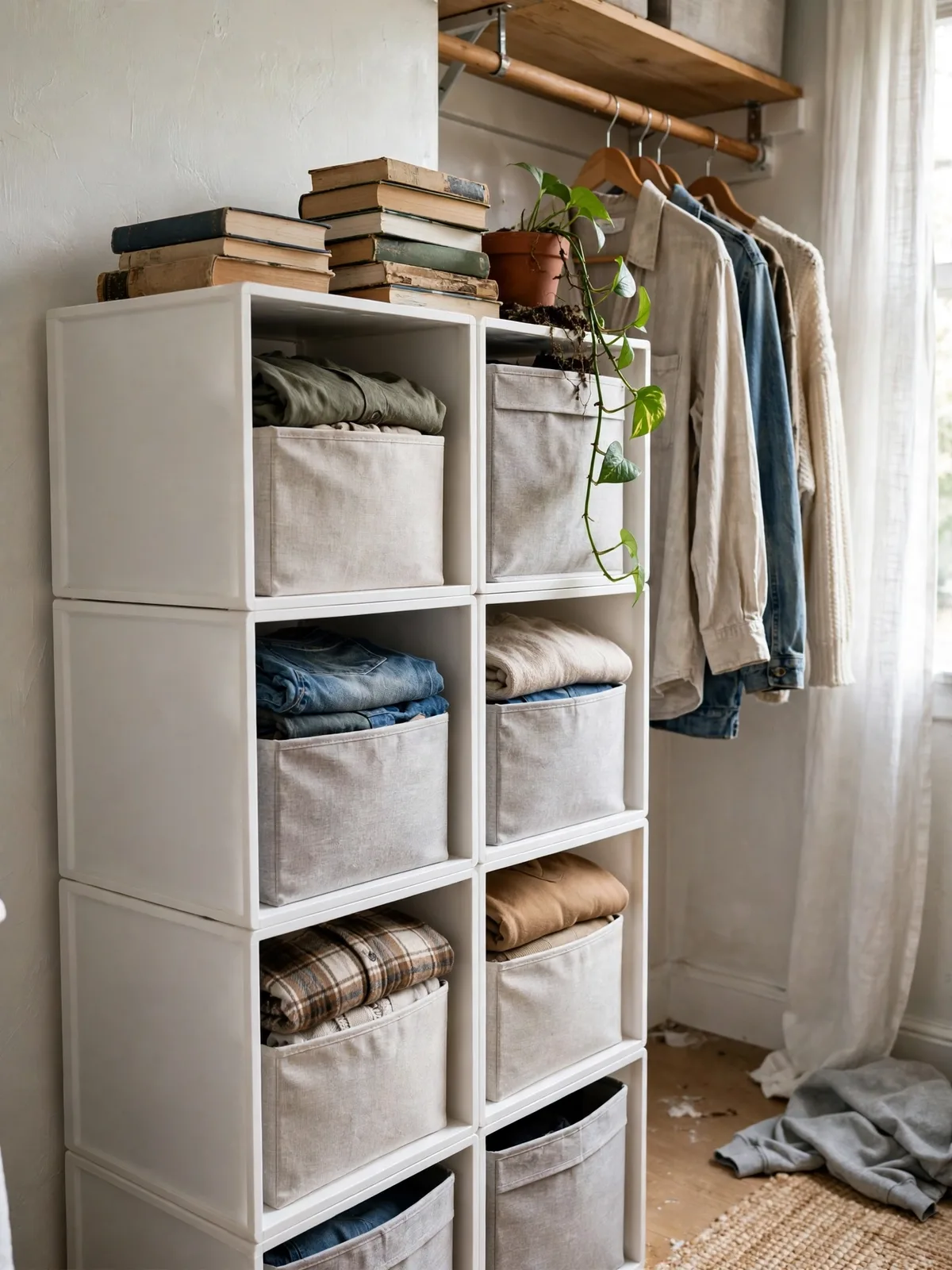 Stacked white storage cubes and fabric bins forming an open closet wall with folded clothes in a bedroom