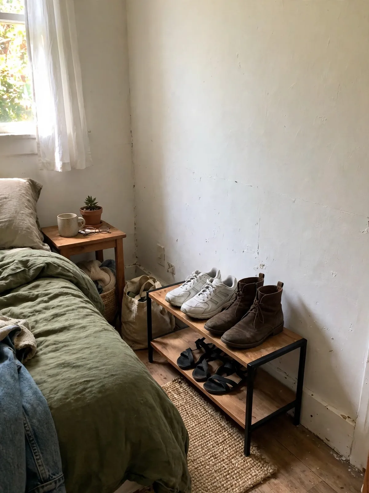 Low two-tier shoe rack against a bedroom wall holding sneakers, boots and sandals in neat pairs
