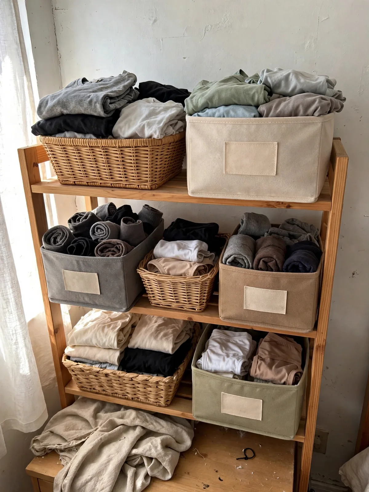 Woven baskets and fabric bins on bedroom shelves holding folded t-shirts, socks and everyday basics
