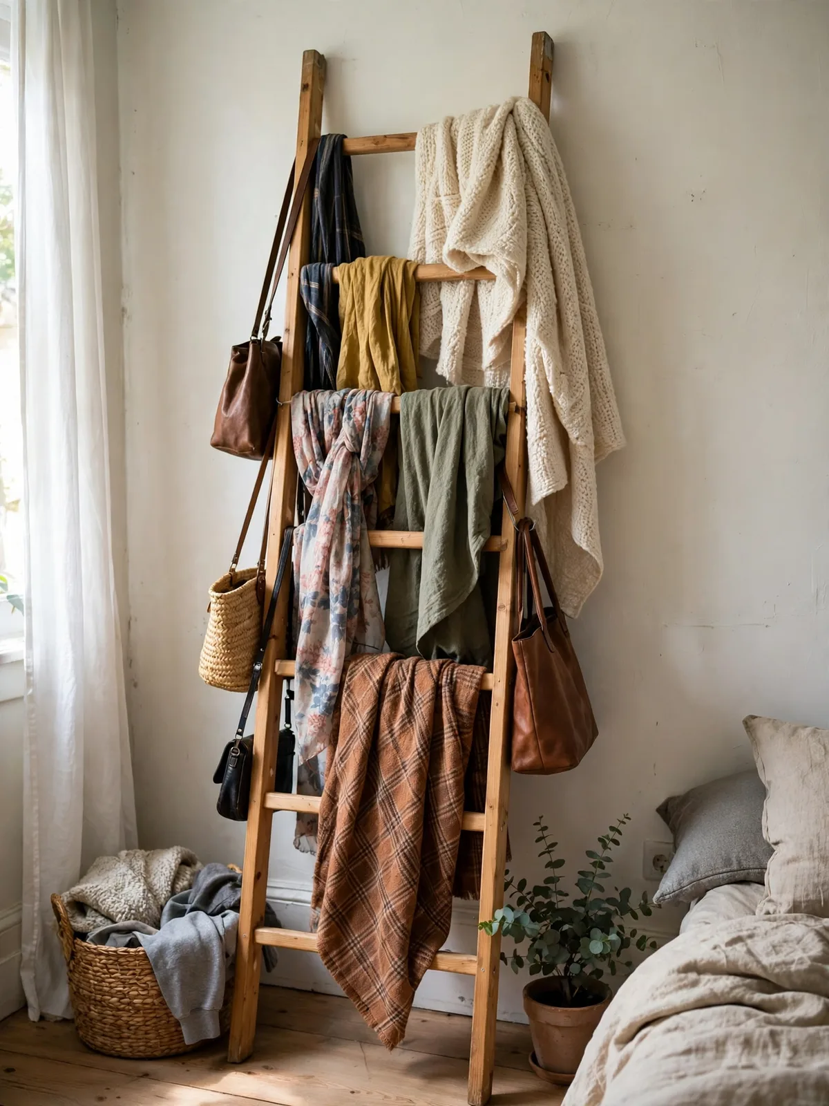 Wooden leaning ladder rack against a bedroom wall draped with blankets, scarves and handbags