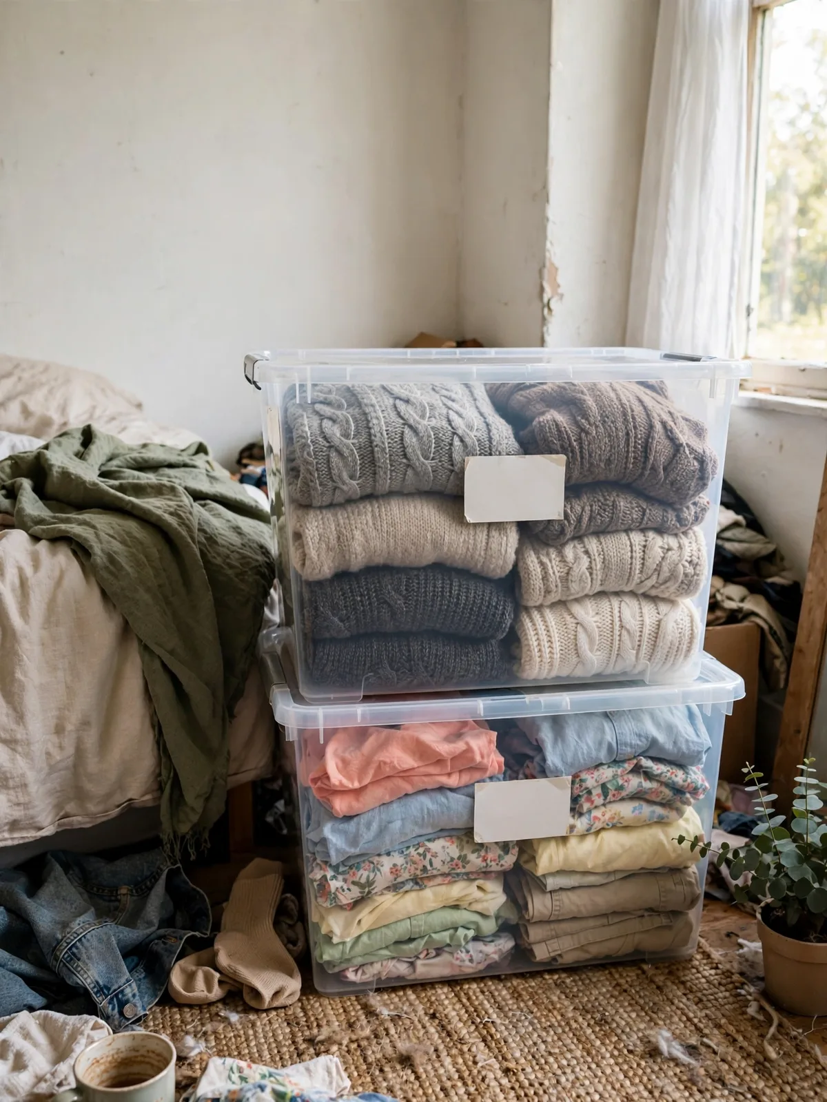 Clear storage bins stacked in a bedroom corner holding folded seasonal sweaters and summer clothes