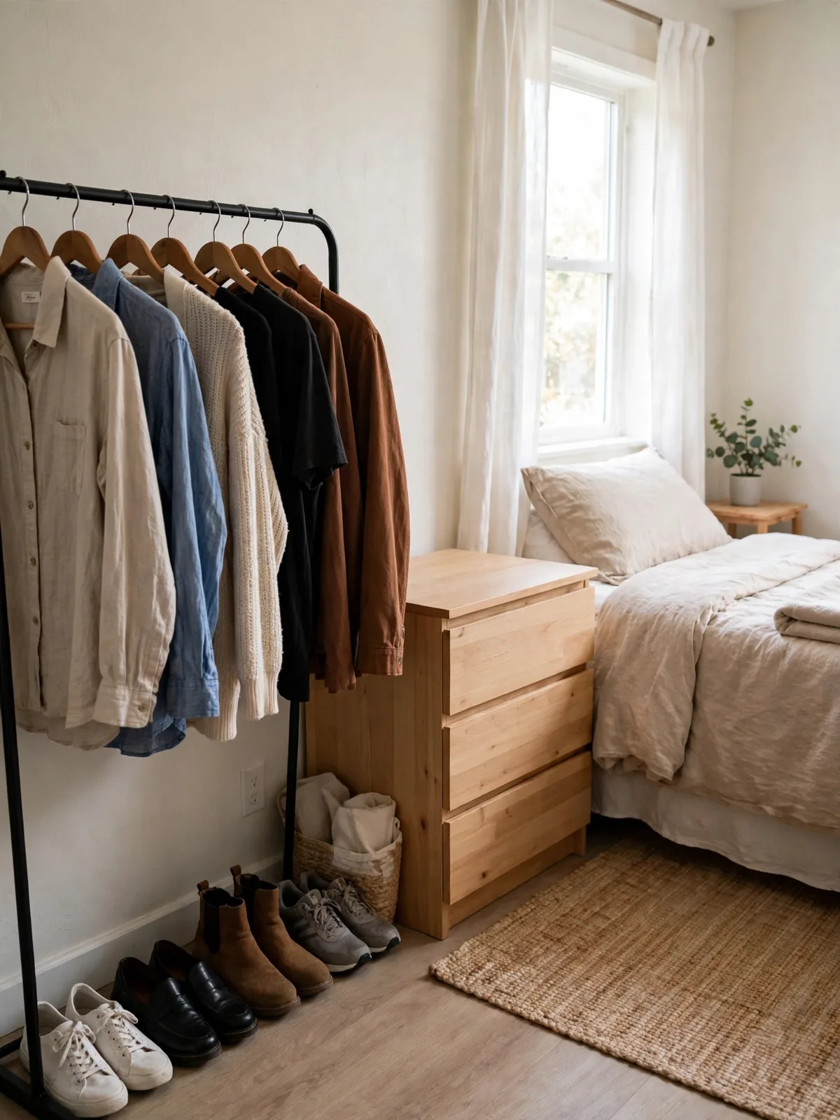 Tidy no-closet bedroom after a reset with a neat garment rack, clear dresser top and shoes lined up in a row