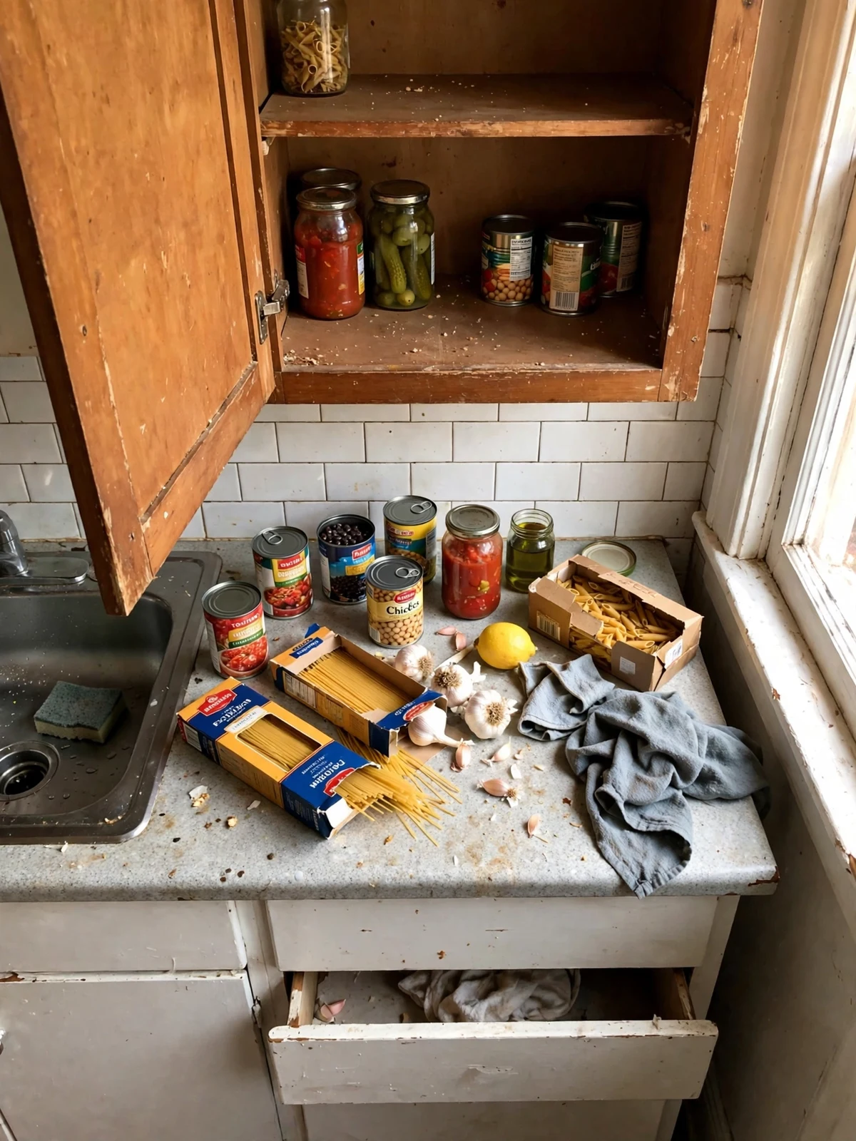 Open kitchen cabinet being audited with groceries spread on the counter for sorting in a small kitchen without a pantry