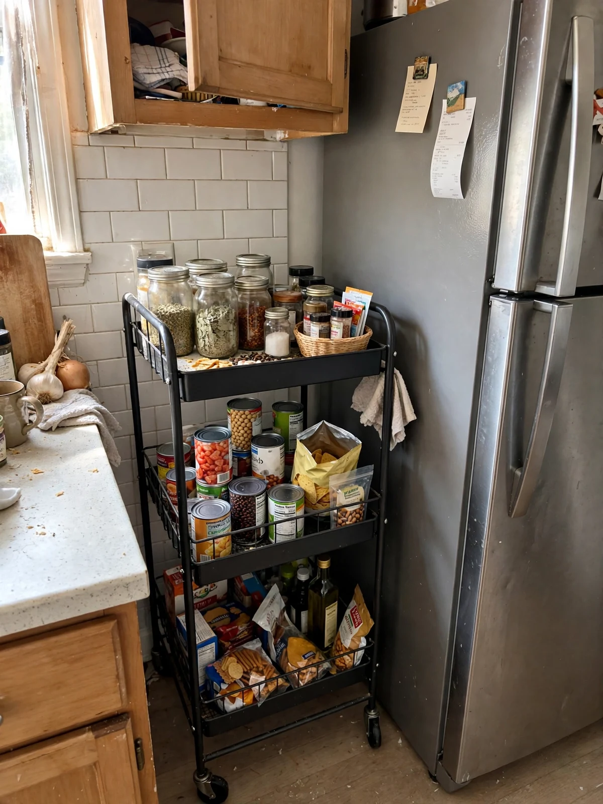 Three-tier rolling cart used as a mobile pantry holding jars, cans and spices beside the fridge in a small kitchen