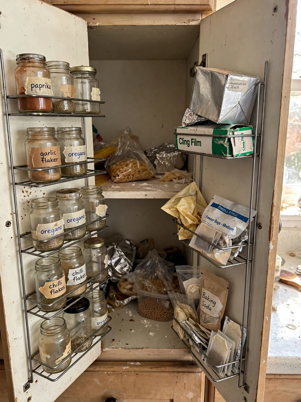 Inside of kitchen cabinet doors fitted with slim racks holding spice jars, foil boxes and small packets