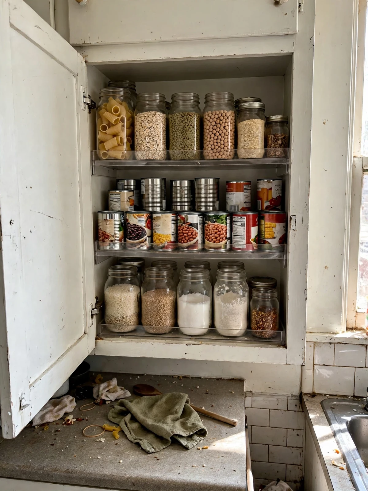 Tiered riser shelves inside a kitchen cabinet stacking cans and glass jars in visible rows