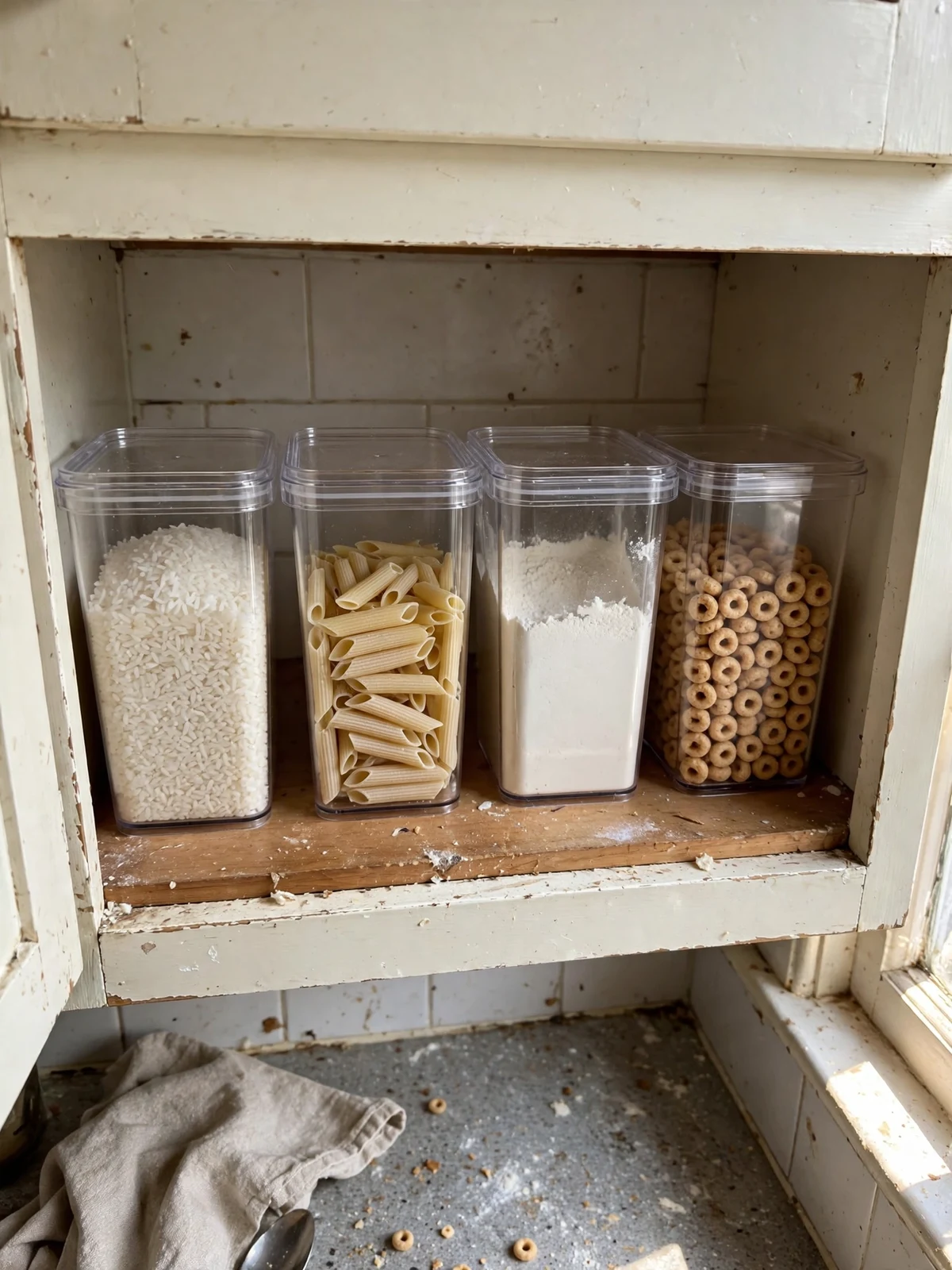 Clear square containers filled with rice, pasta, flour and cereal lined up neatly in a kitchen cabinet