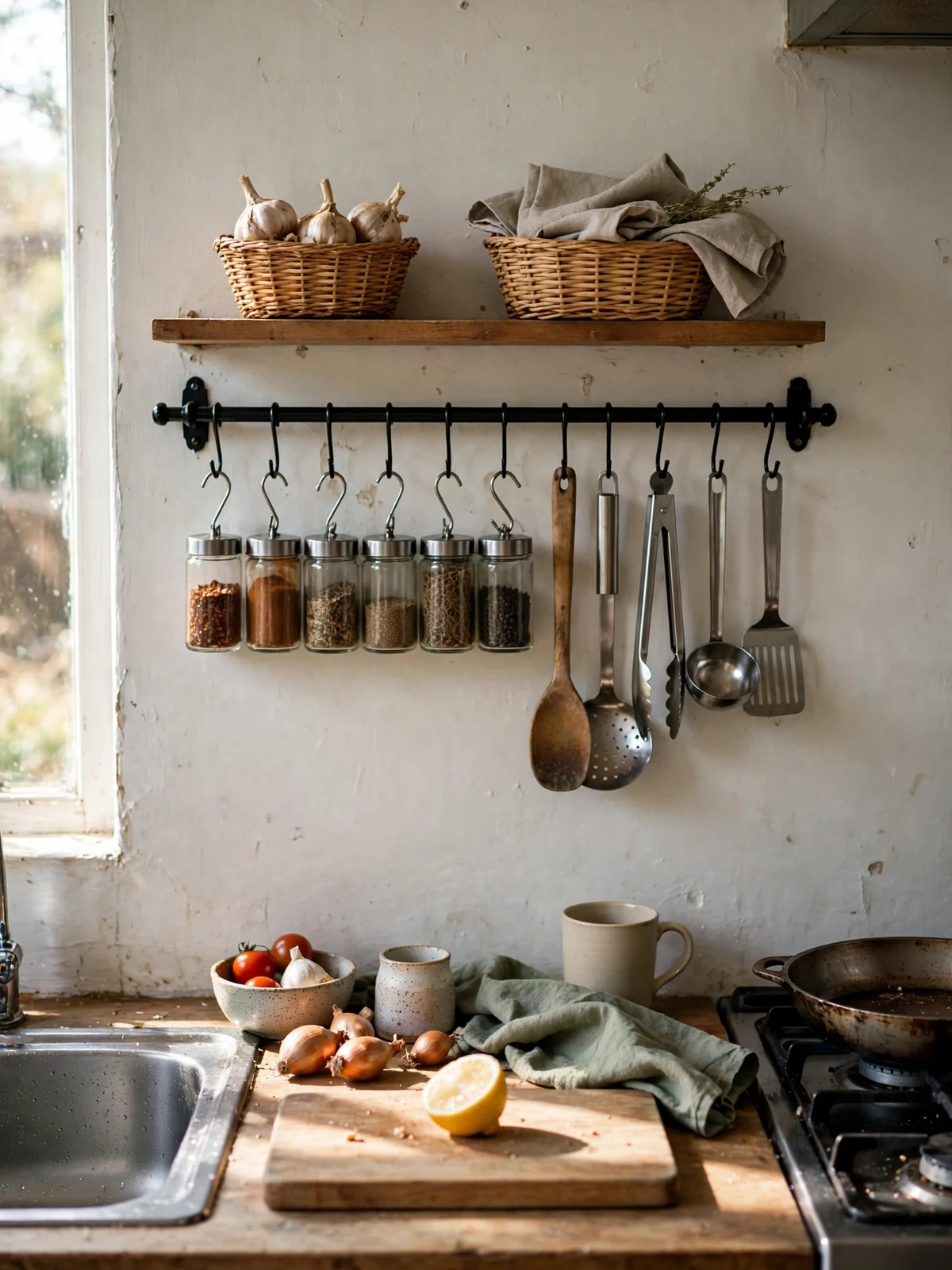 Kitchen wall rail with hanging spice jars, utensils and small baskets mounted above the counter