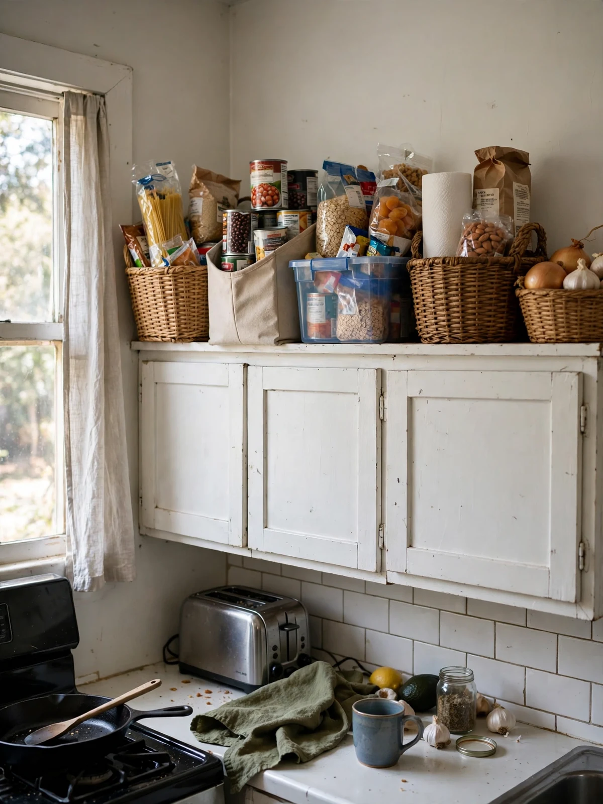 Woven baskets and storage bins on top of kitchen cabinets storing extra pantry supplies and backstock