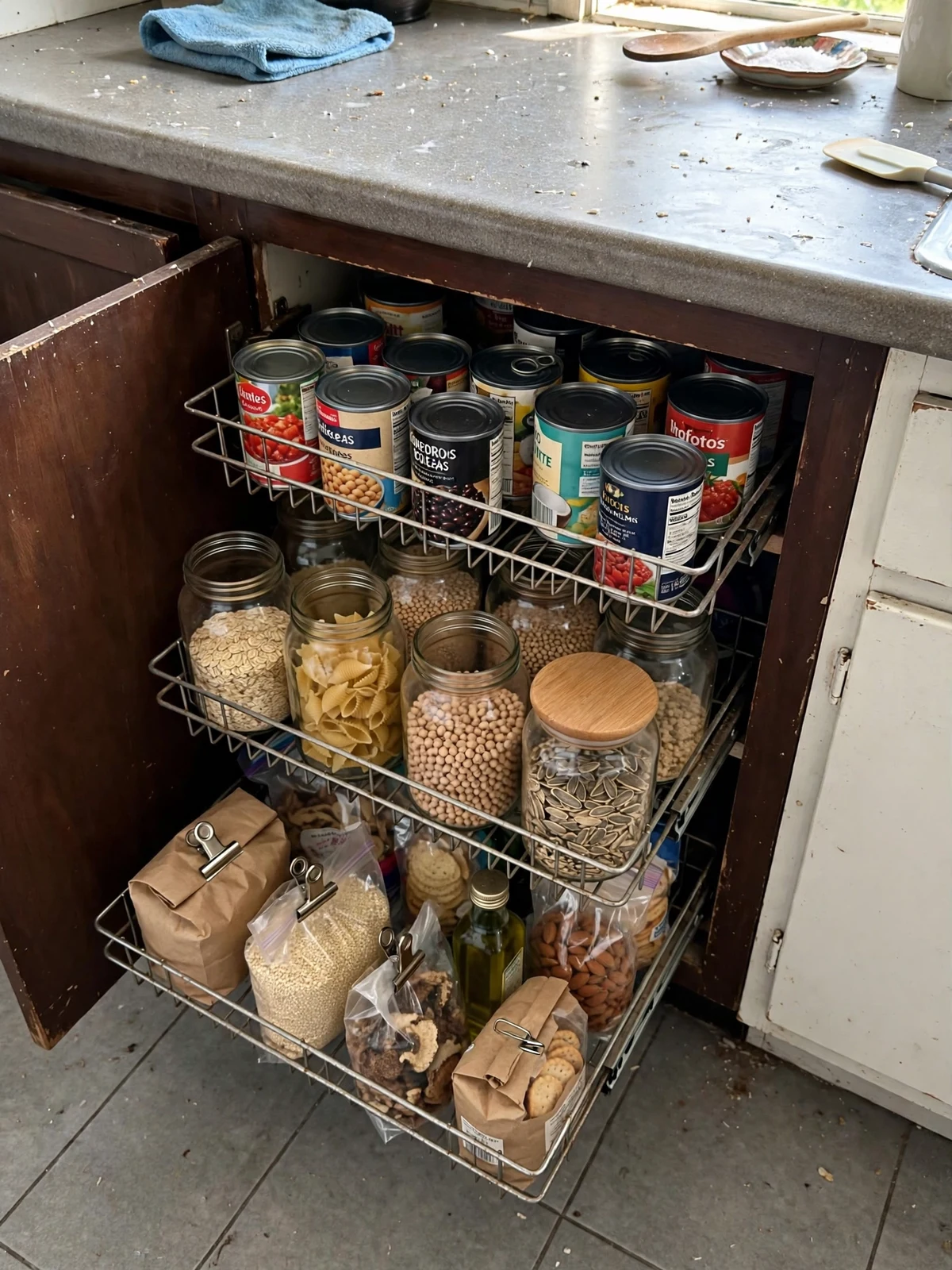 Pull-out baskets sliding out of a deep lower kitchen cabinet holding cans, jars and dry goods