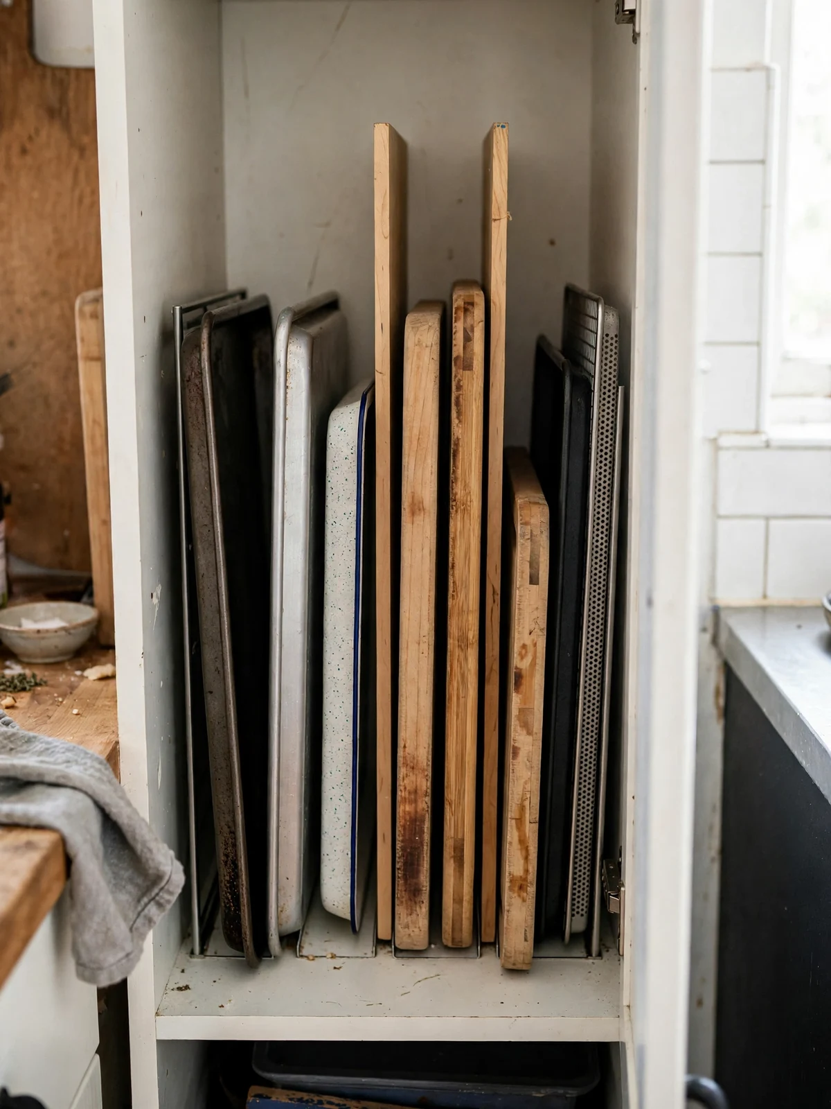 Baking sheets, cutting boards and trays stored vertically upright in a narrow kitchen cabinet with dividers