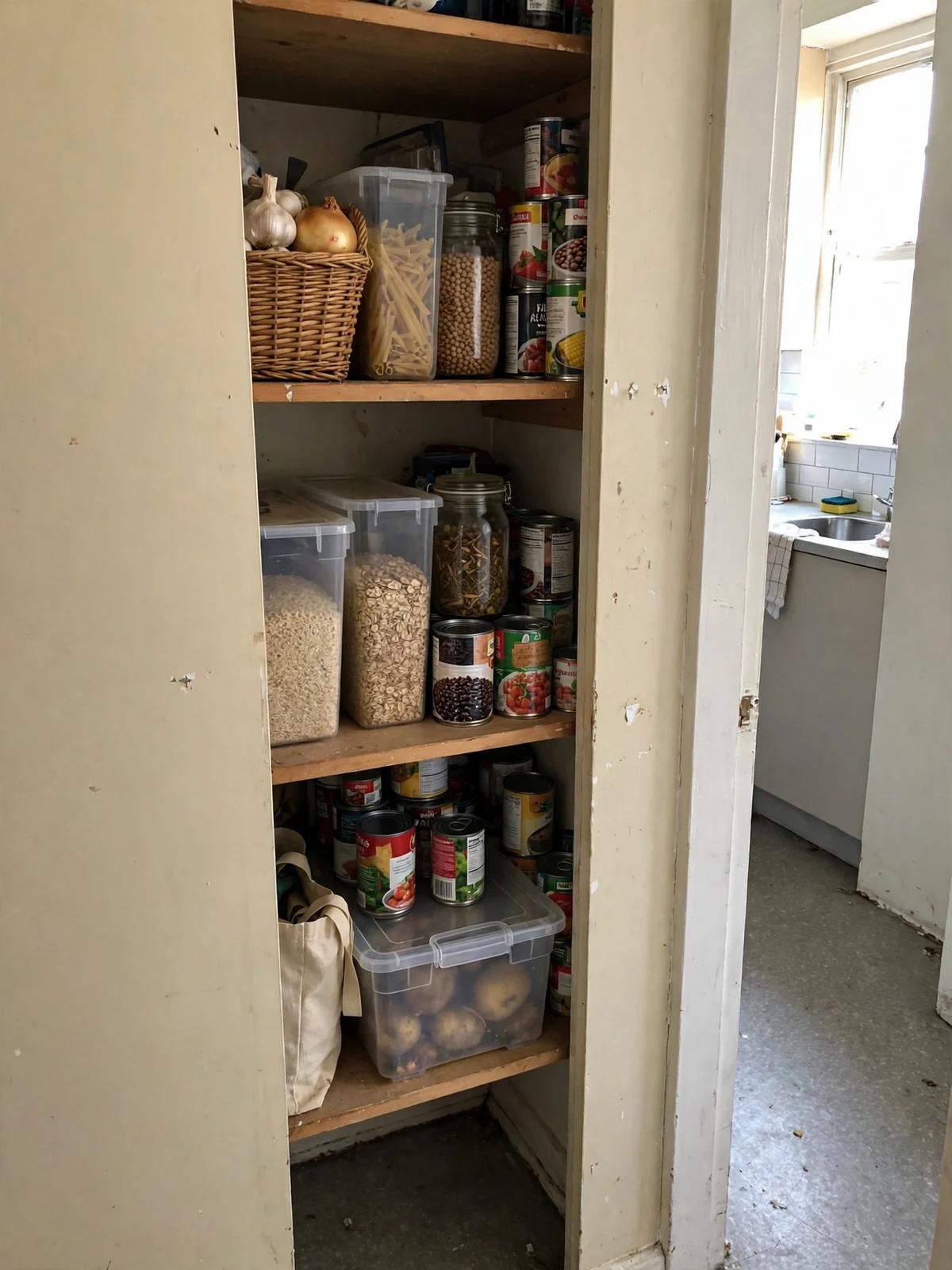 Hallway closet shelf near the kitchen converted into pantry storage with bins, jars and canned goods