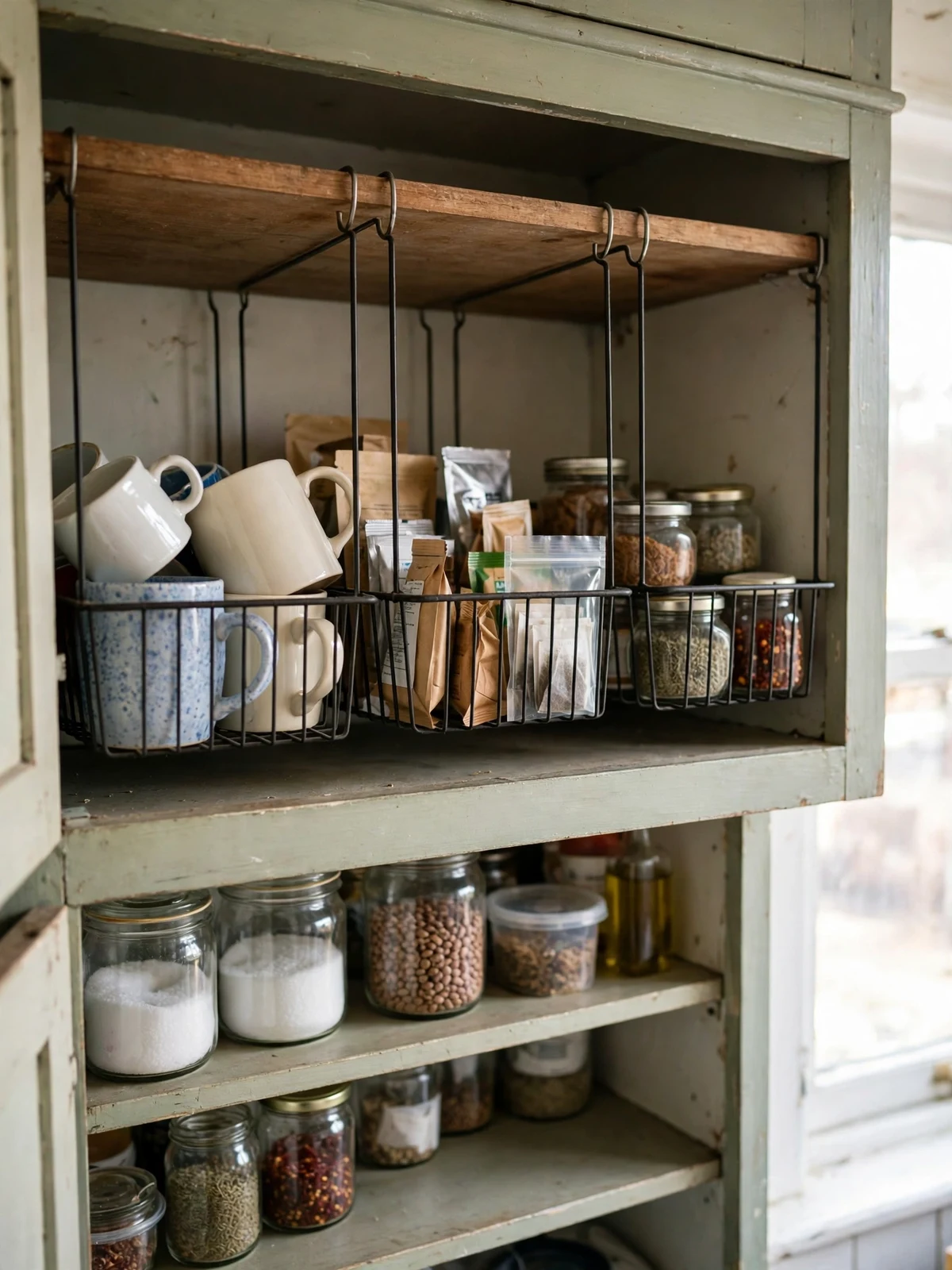 Under-shelf wire baskets hanging inside a kitchen cabinet doubling the storage space for packets and small jars