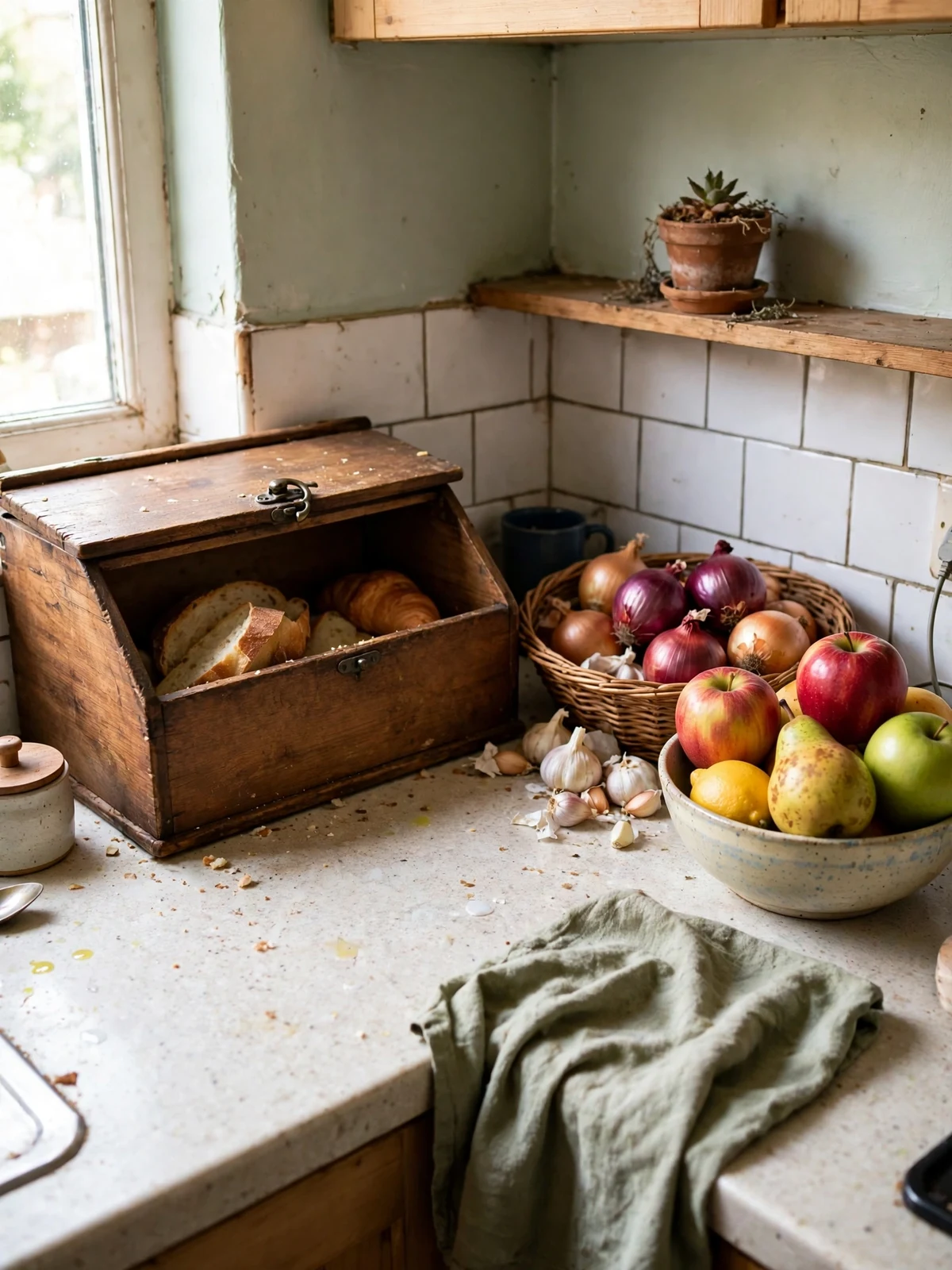 Small countertop produce zone with a wooden bread box, a bowl of fruit and a basket of onions in a tidy kitchen corner