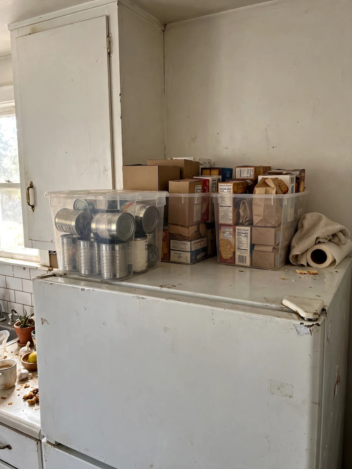Clear bins with backstock cans and boxes stored neatly on top of the refrigerator in a small kitchen