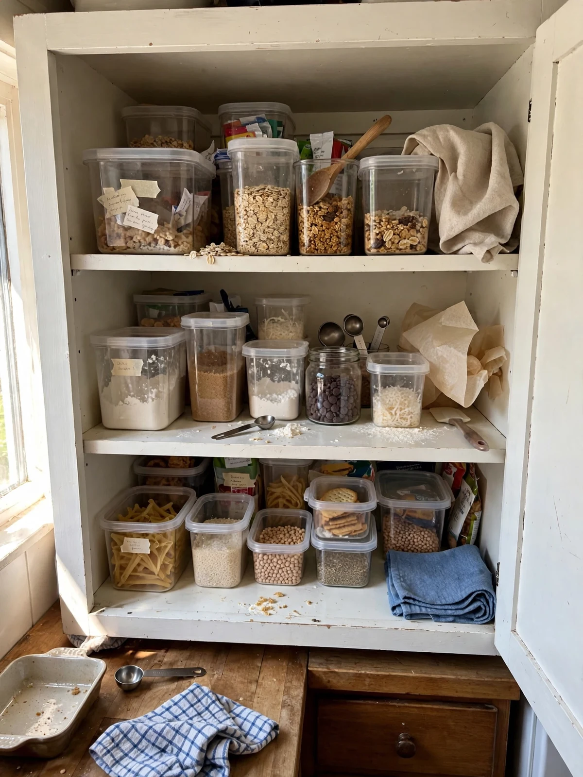 Labeled containers and bins organized by cooking zones inside kitchen cabinets in a home without a pantry