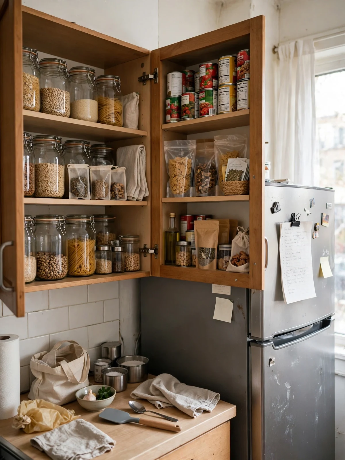 Tidy open kitchen cabinets showing organized pantry zones after a weekly reset in a small apartment kitchen